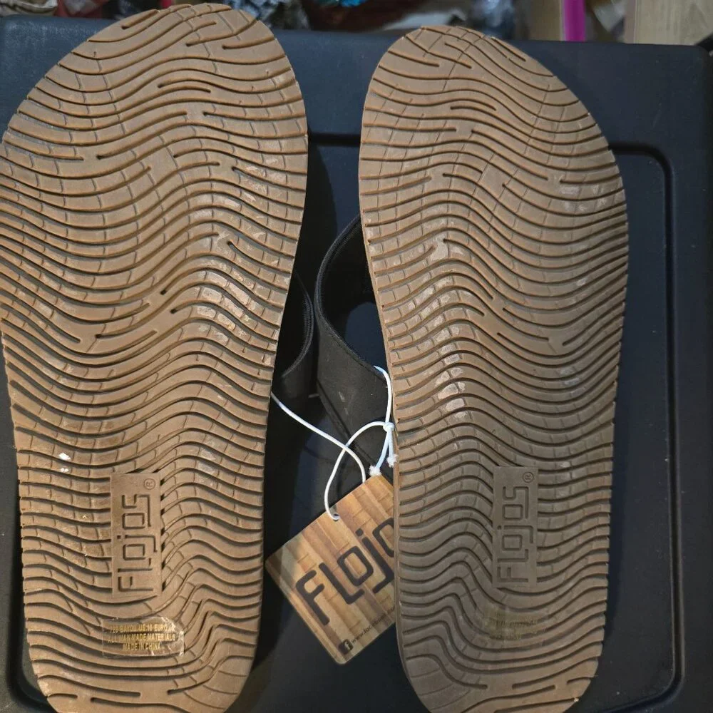 Flojos Mens‎ Black Flip Flops Size 10 Rubber & Faux Leather Casual Footwear